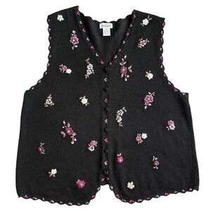 Women's Black Floral Embroidered Vest Casual Vintage Preppy Boho Hippie Size Med